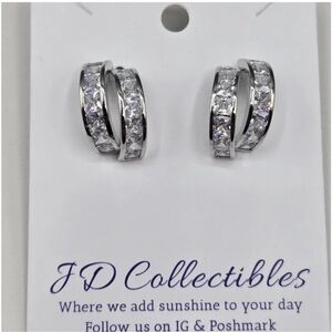 Double Half Hoop Earrings Made w Swarovski Crystals Silver Overlay